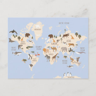 Postale Carte du monde avec animaux