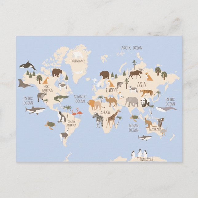 Postale Carte du monde avec des animaux (Devant)