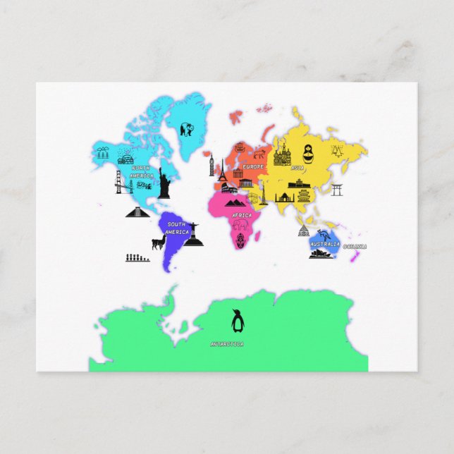 Postale carte du monde avec les noms des continents (Devant)