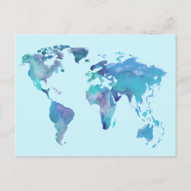 Postale Carte du monde bleu aquarelle (Devant)