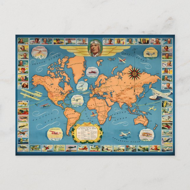 Postale Carte du monde de l'aviation vintage (Devant)