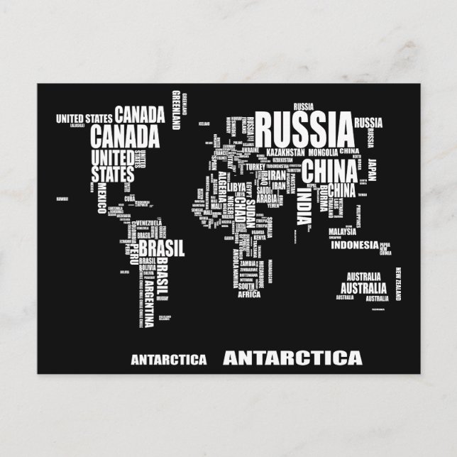 Postale Carte du monde de typographie (Devant)