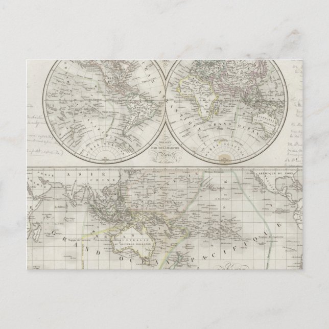 Postale Carte du monde en deux hémisphères (Devant)