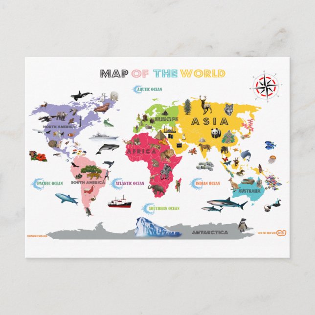 Postale Carte du monde pour des enfants - blancs et (Devant)