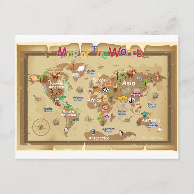 Postale Carte du monde pour les enfants - tons terre (Devant)