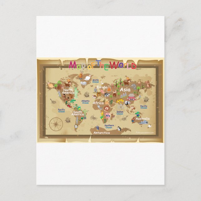 Postale Carte du monde pour les enfants - tons terre (Devant)