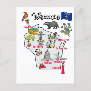 Postale Carte du Wisconsin avec destinations touristiques