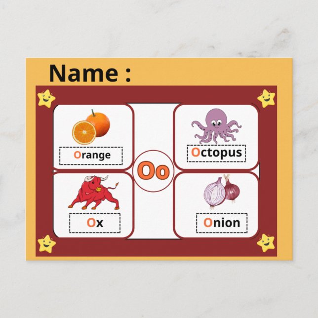 Postale Carte Éclair de la Lettre O de l'Alphabet Éducatif (Devant)