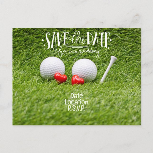 Postale Carte Faire-part de mariage de golf avec deux coeu (Devant)
