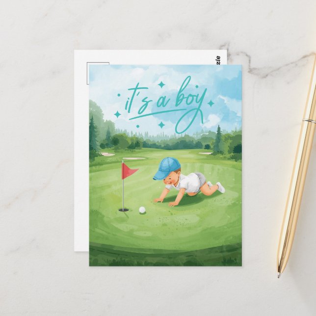 Postale Carte Félicitations pour le golf C'est un garçon | (Devant/Arrière en situation)