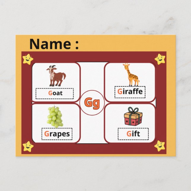 Postale Carte flash de la lettre G de l'alphabet éducatif  (Devant)