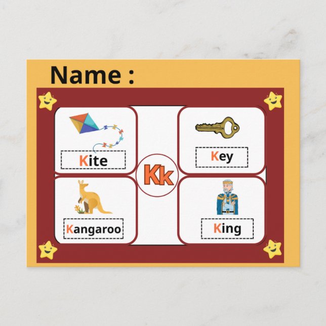 Postale Carte flash de la lettre K de l'alphabet éducatif  (Devant)