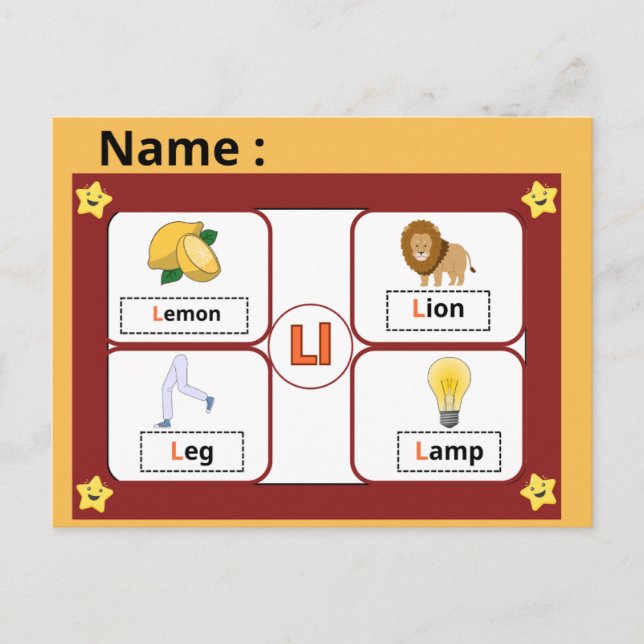 Postale Carte flash de la lettre L de l'alphabet éducatif  (Devant)