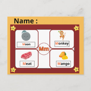 Postale Carte flash de la lettre M de l'alphabet éducatif 