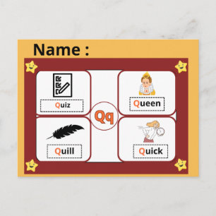 Postale Carte flash de la lettre Q de l'alphabet éducatif 