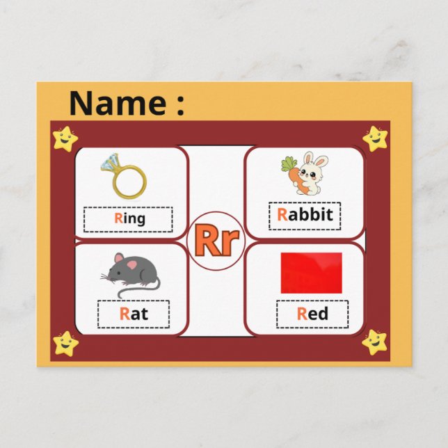 Postale Carte flash de la lettre R de l'alphabet éducatif  (Devant)