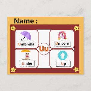 Postale Carte flash de la lettre U de l'alphabet éducatif 