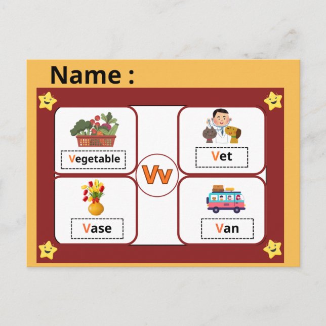 Postale Carte flash de la lettre V de l'alphabet éducatif  (Devant)