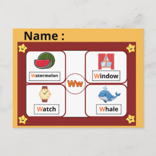 Postale Carte flash de la lettre W de l'alphabet éducatif 