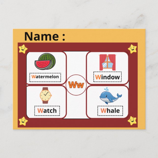 Postale Carte flash de la lettre W de l'alphabet éducatif  (Devant)