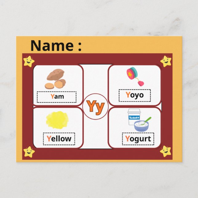 Postale Carte flash de la lettre Y de l'alphabet éducatif  (Devant)