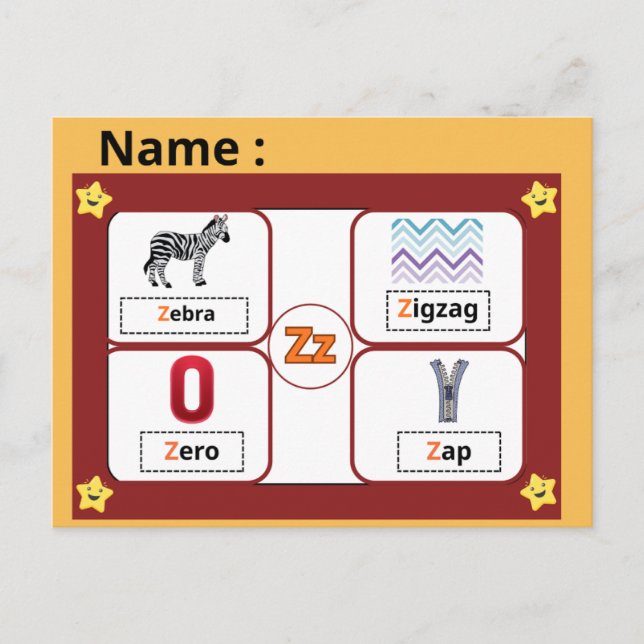 Postale Carte flash de la lettre Z de l'alphabet éducatif  (Devant)