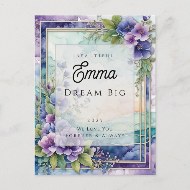 Postale Carte Fleurie Violette Aquarelle avec Message Pers (Devant)