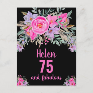 Postale Carte florale noire couleur rose 75e anniversaire