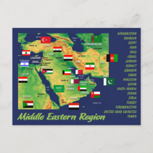 Postale Carte géographique des pays du Moyen-Orient avec d