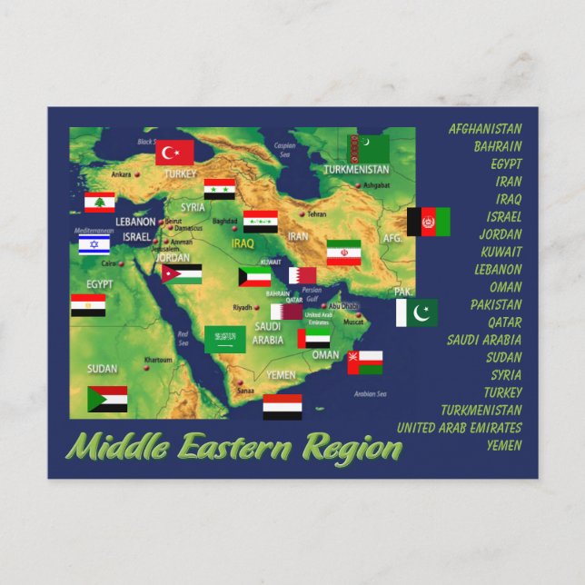 Postale Carte géographique des pays du Moyen-Orient avec d (Devant)
