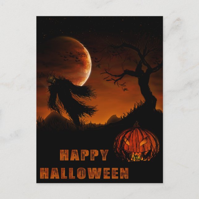 Postale Carte Halloween avec citrouille et épouvantail (Devant)