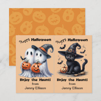 Postale Carte Halloween fête de deux fantômes et chat noir