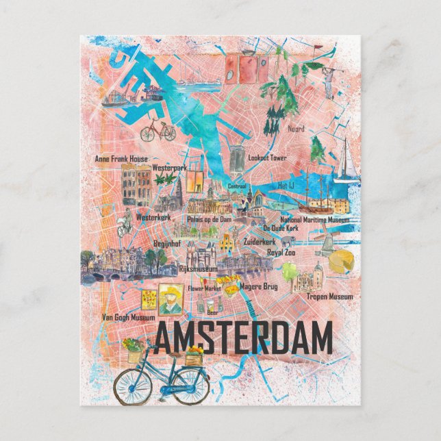 Postale Carte illustrée d'Amsterdam Pays-Bas avec routes (Devant)