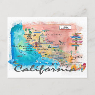 Postale Carte illustrée de Californie avec points forts to