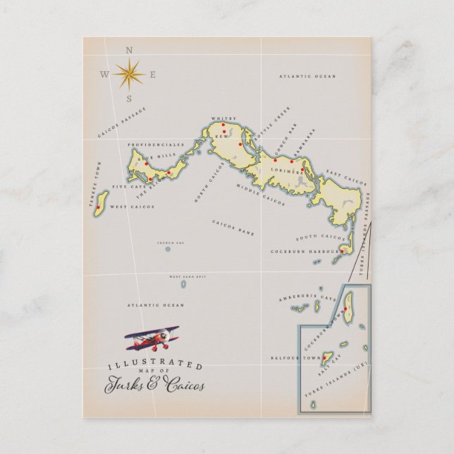 Postale Carte illustrée de la carte des îles Turques-et-Ca (Devant)