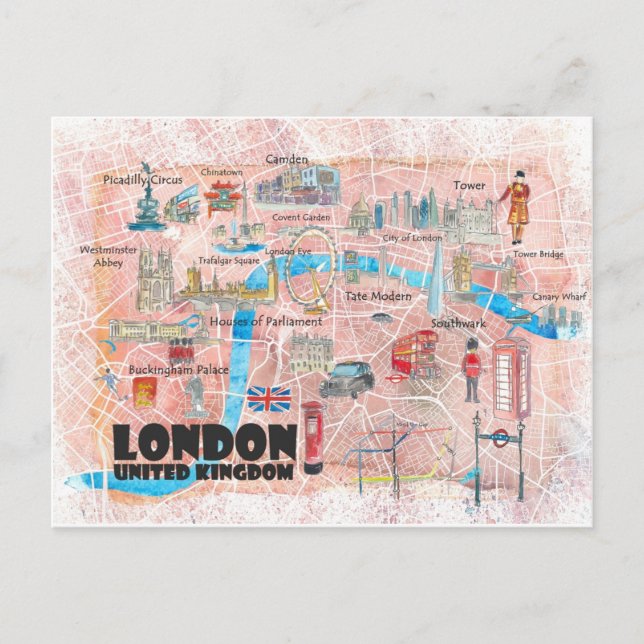 Postale Carte illustrée de Londres avec les routes princip (Devant)