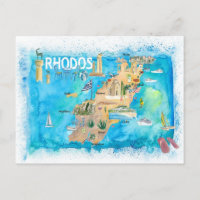 Carte illustrée de Rhodes Grèce avec des monuments