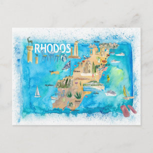 Postale Carte illustrée de Rhodes Grèce avec monuments