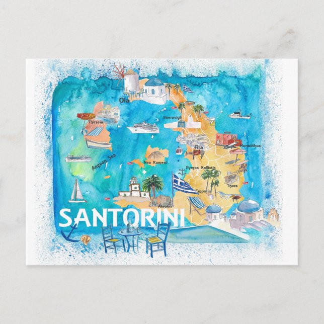 Postale Carte illustrée de Santorin Grèce avec les princip (Devant)