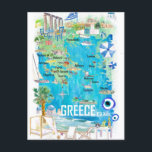 Postale Carte illustrée de voyage de la Grèce en Méditerra<br><div class="desc">Carte illustrée de voyage de la Grèce en Méditerranée mers Égée et Adriatique avec routes et points forts touristiques</div>