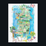 Postale Carte illustrée de voyage de Sardaigne<br><div class="desc">Carte illustrée de voyage de Sardaigne Méditerranée Adriatique Sicile Sardegne avec routes et points forts touristiques</div>