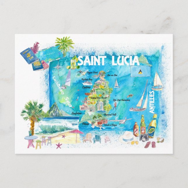 Postale Carte illustrée des Antilles de Sainte-Lucie (Devant)