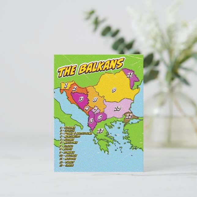 Postale Carte illustrée des Balkans dans le style Pop Art (Debout devant)