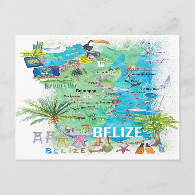 Postale Carte illustrée des Caraïbes du Belize avec routes (Devant)
