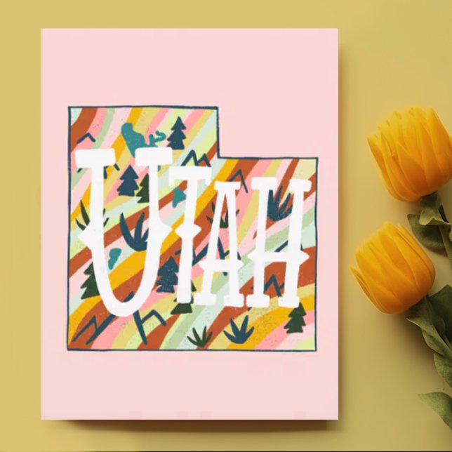 Postale Carte illustrée Utah (Utah illustrated map custom postcard in pink )
