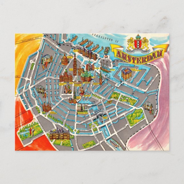 Postale Carte illustrée vintage d'Amsterdam (Devant)