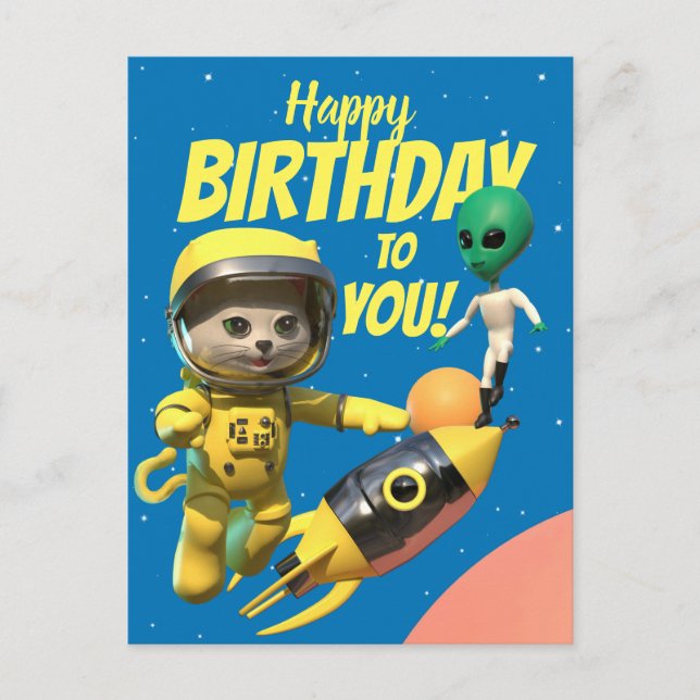 Postale Carte joyeux anniversaire astronaute et alien amus (Devant)