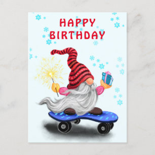 Postale Carte Joyeux Anniversaire Gnome Patineur Heureux a