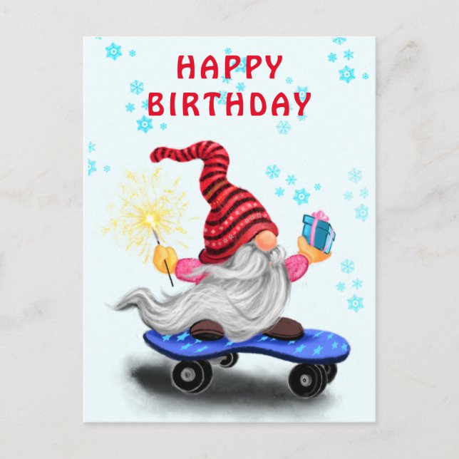 Postale Carte Joyeux Anniversaire Gnome Patineur Heureux a (Devant)