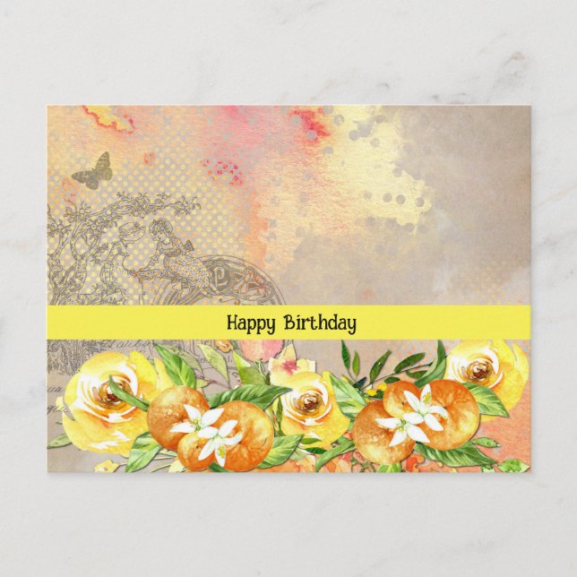 Postale Carte Joyeux Anniversaire Oranges et Roses (Devant)